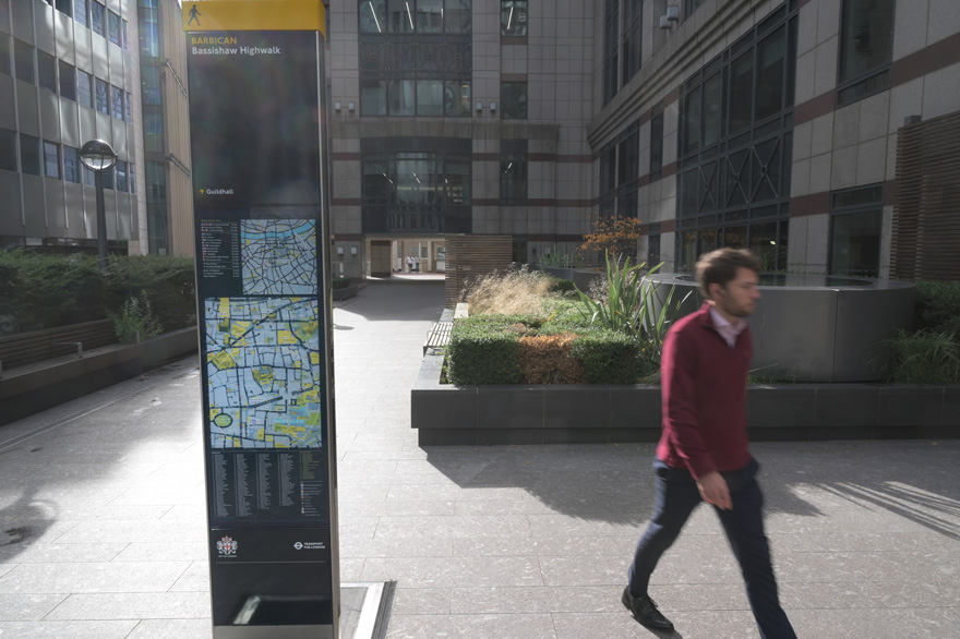 A Legible London signpost helps navigate Barbican