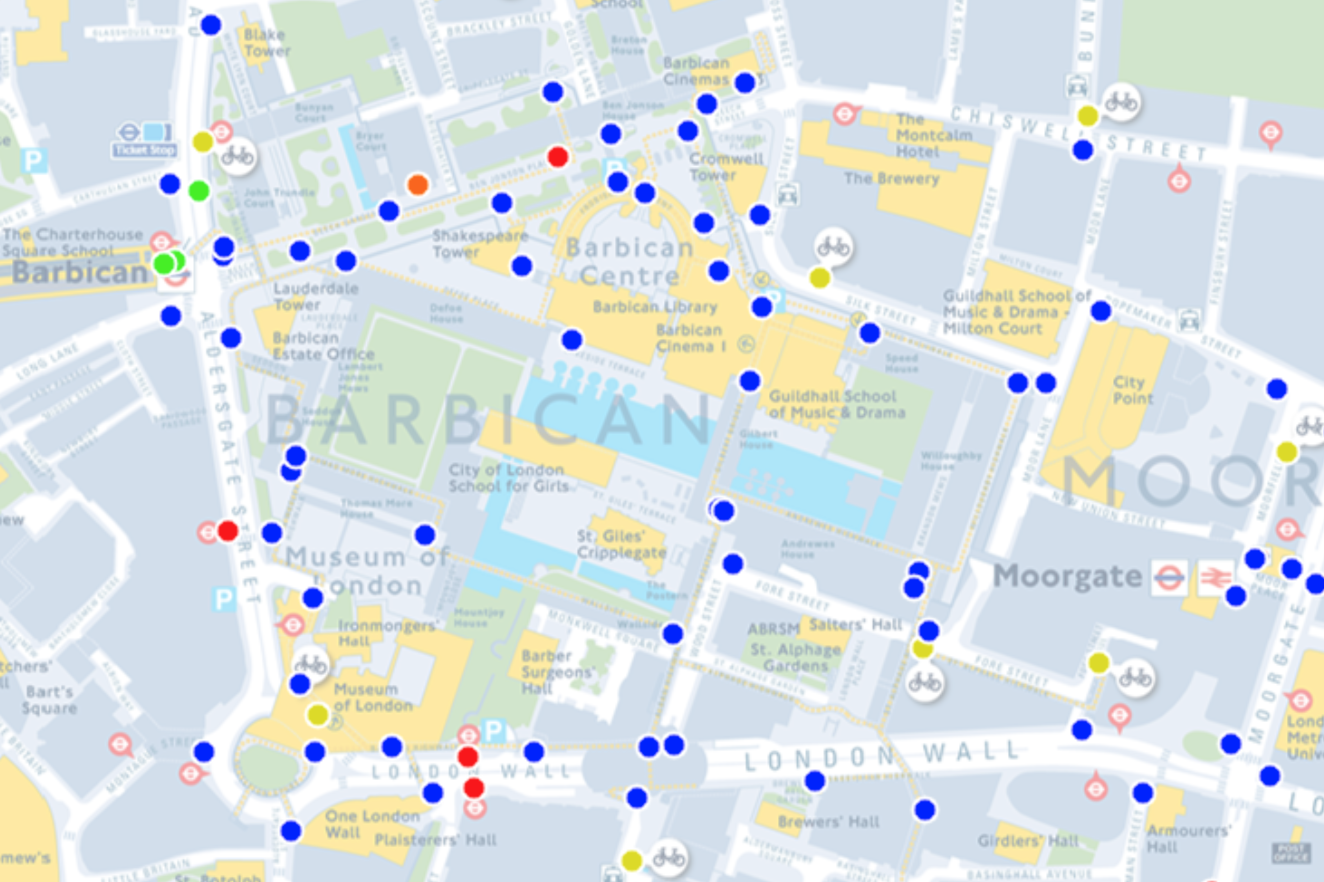 A map of distribution of Legible London signs around Barbican